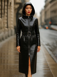 Crocodile-Embossed Leather Hooded Coat