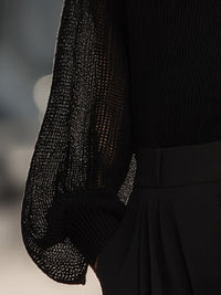 Black Mesh-Panel Lantern Sleeve Knit Blouse