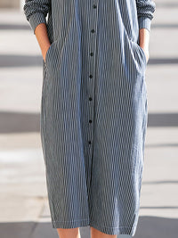 Vertical Stripe Stand-Collar Shirt Midi Dress