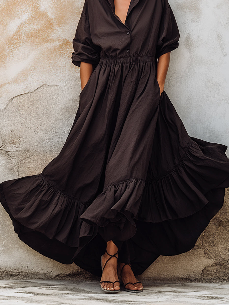 Relaxed Shirt Collar Ruffle Hem Maxi Dress