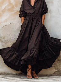 Relaxed Shirt Collar Ruffle Hem Maxi Dress
