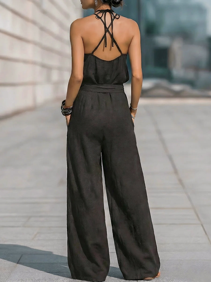 Halter-Neck Tie-Waist Wide-Leg Jumpsuit
