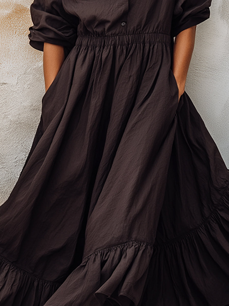 Relaxed Shirt Collar Ruffle Hem Maxi Dress