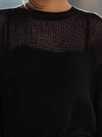 Black Mesh-Panel Lantern Sleeve Knit Blouse