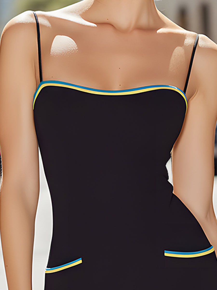 Black Contrast-Trim Spaghetti Strap Bodycon Mini Dress