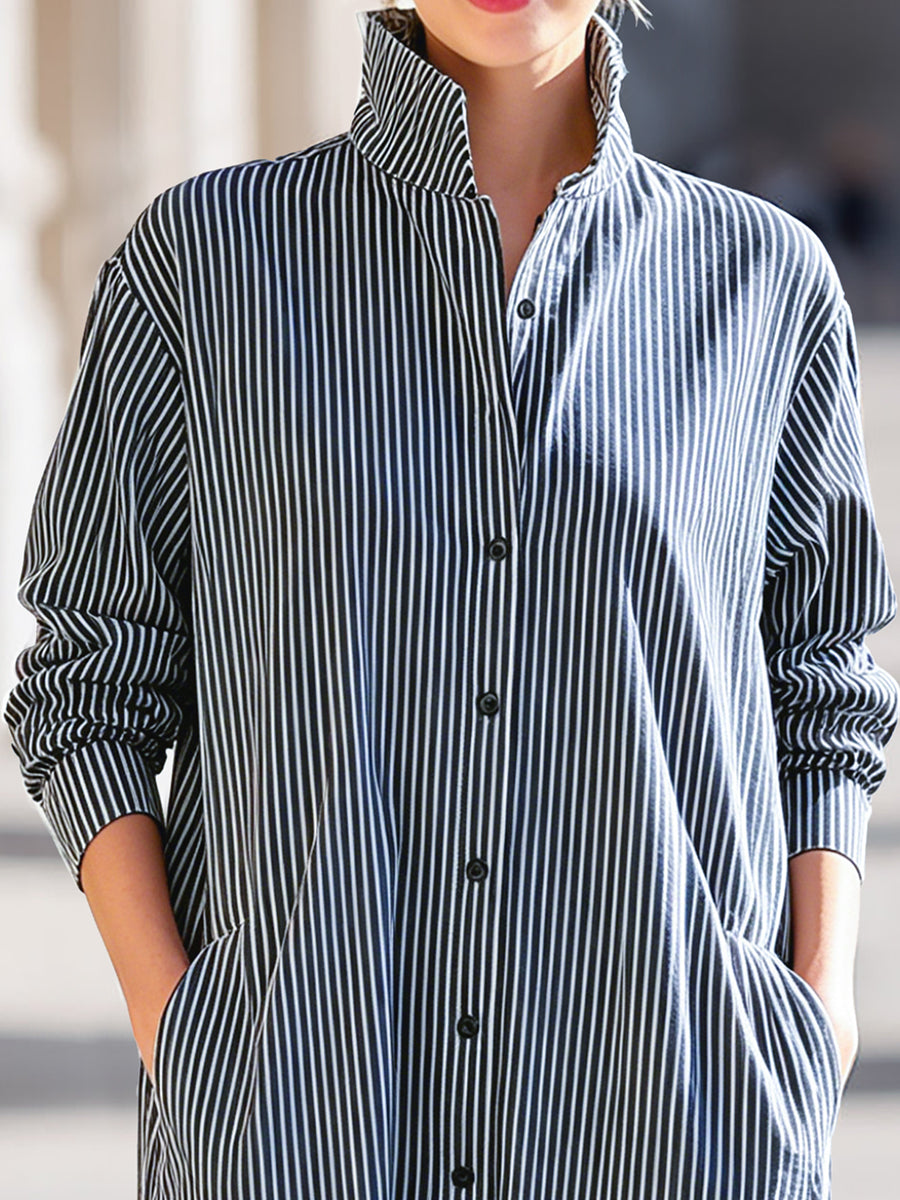 Vertical Stripe Stand-Collar Shirt Midi Dress
