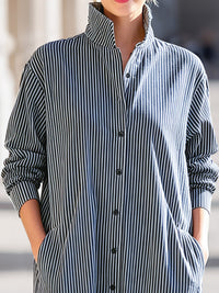 Vertical Stripe Stand-Collar Shirt Midi Dress