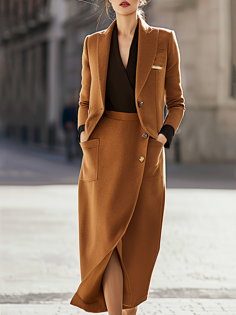 Camel Wool Blend Blazer Skirt Suit