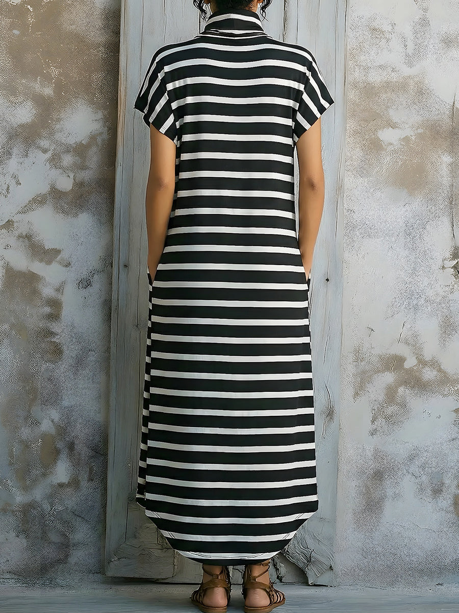 Striped High-Neck Relaxed Asymmetrical Midi Dress