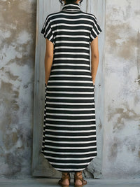 Striped High-Neck Relaxed Asymmetrical Midi Dress