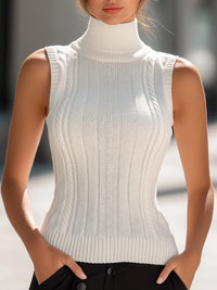 Classic White Ribbed Sleeveless Cable Knit Turtleneck Top