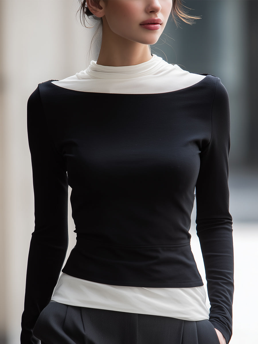Monochrome Layered Mock-Neck Long Sleeve Top