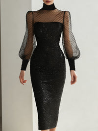 Polka Dot Mesh Sleeve Sequin Midi Dress