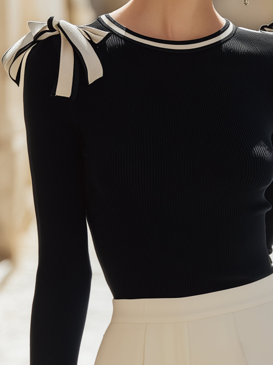 Black Knit Top With Contrasting Shoulder Bows