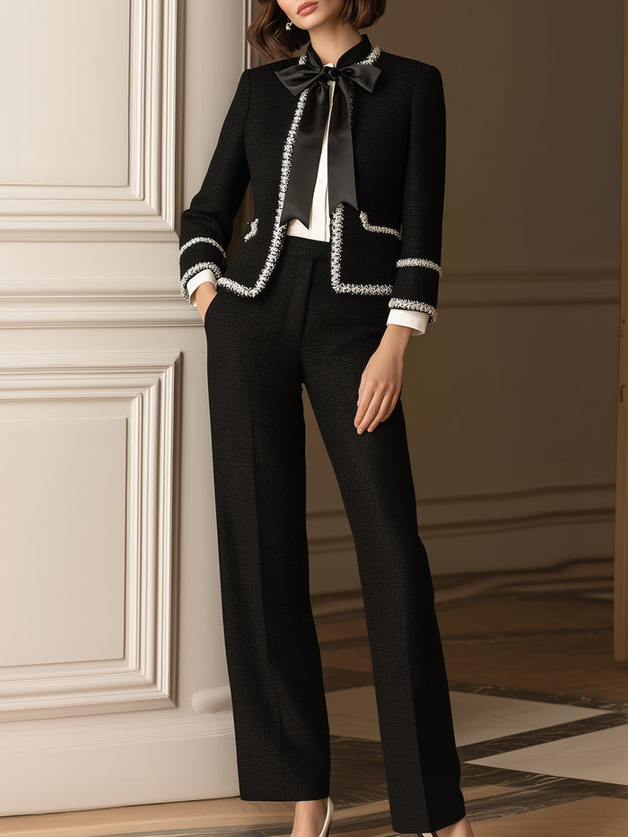 Contrast Trim Tweed Suit Set With Satin Bow