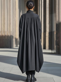 Charcoal Black High-Neck Cotton Linen Pleated Long Dress