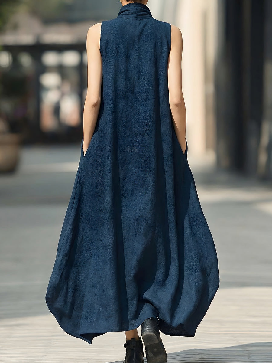 Sleeveless High-Neck Flowy Maxi Dress With Side Pockets