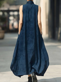 Sleeveless High-Neck Flowy Maxi Dress With Side Pockets