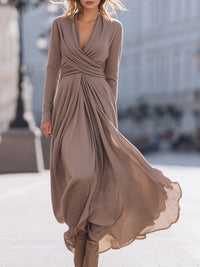 Elegant Draped V-Neck Maxi Dress With Pleated Detail