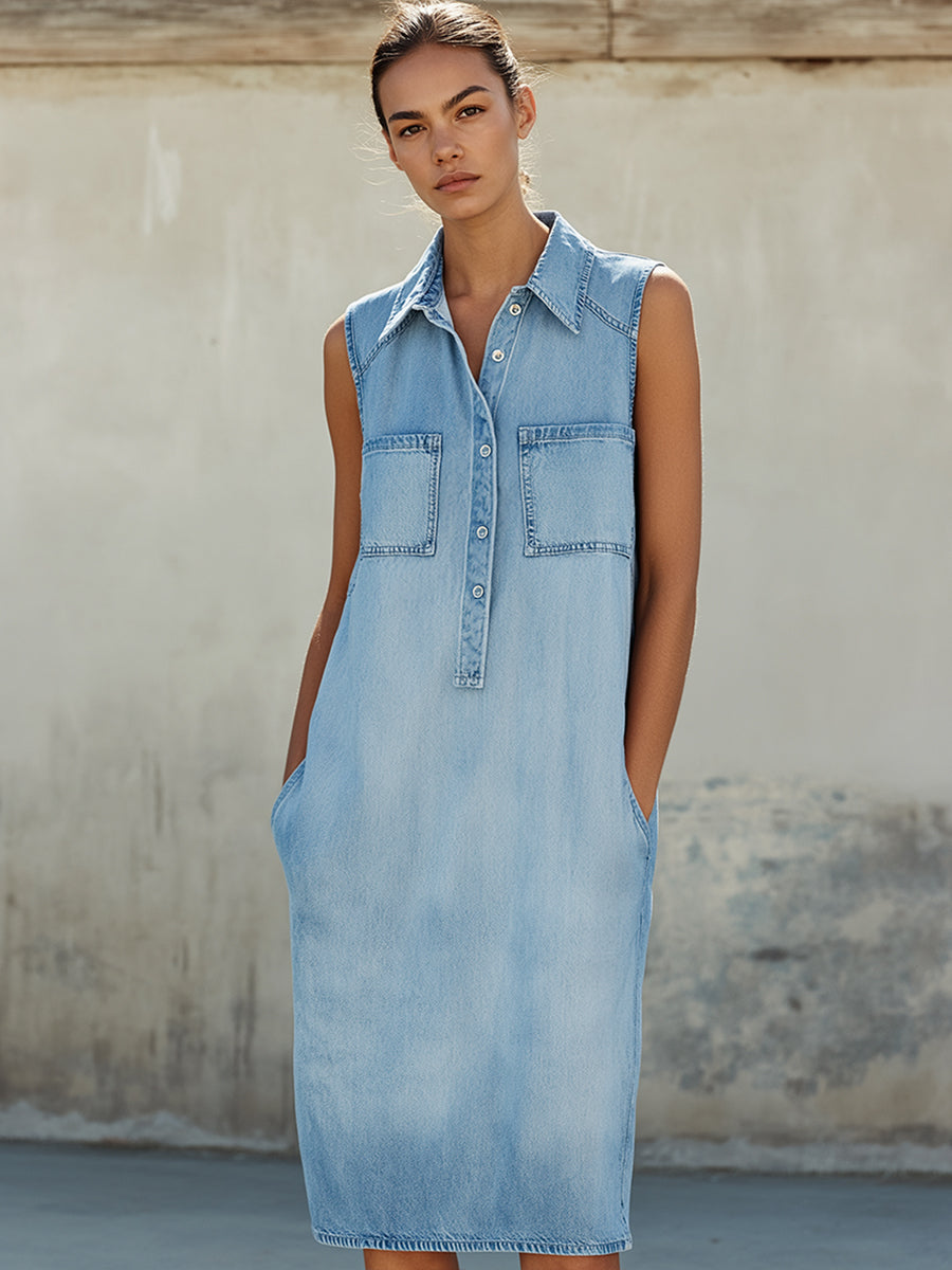 Sleeveless Pocket Detail Denim Shift Dress