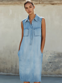 Sleeveless Pocket Detail Denim Shift Dress