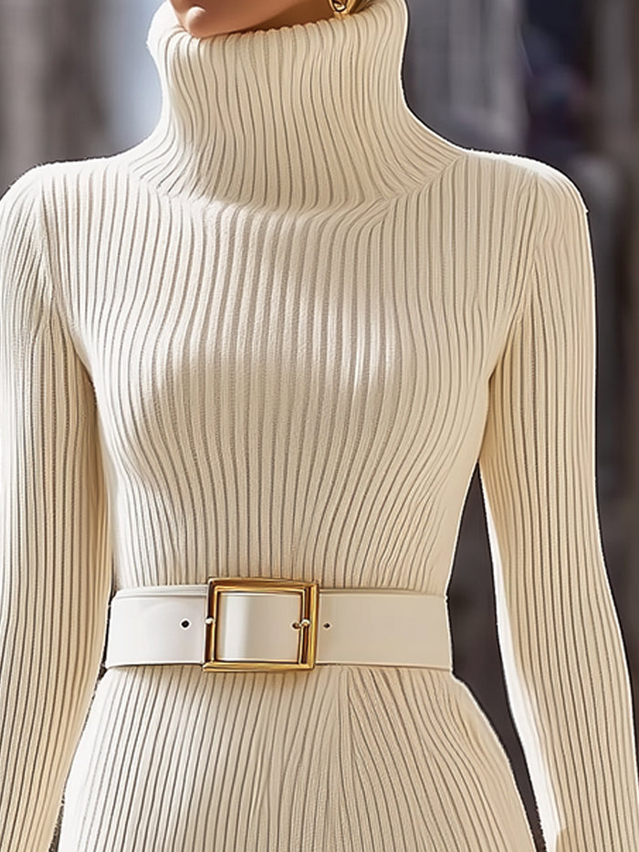Ivory Ribbed Turtleneck Belted Knit Dress