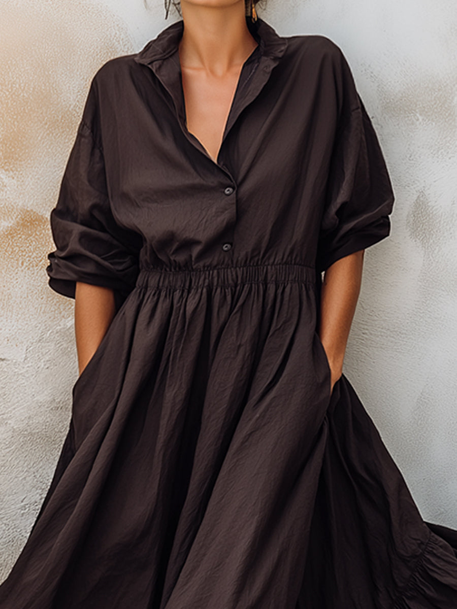 Relaxed Shirt Collar Ruffle Hem Maxi Dress
