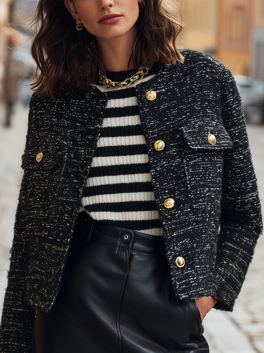 Black Tweed Cropped Jacket With Gold-Tone Buttons