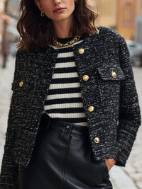 Black Tweed Cropped Jacket With Gold-Tone Buttons