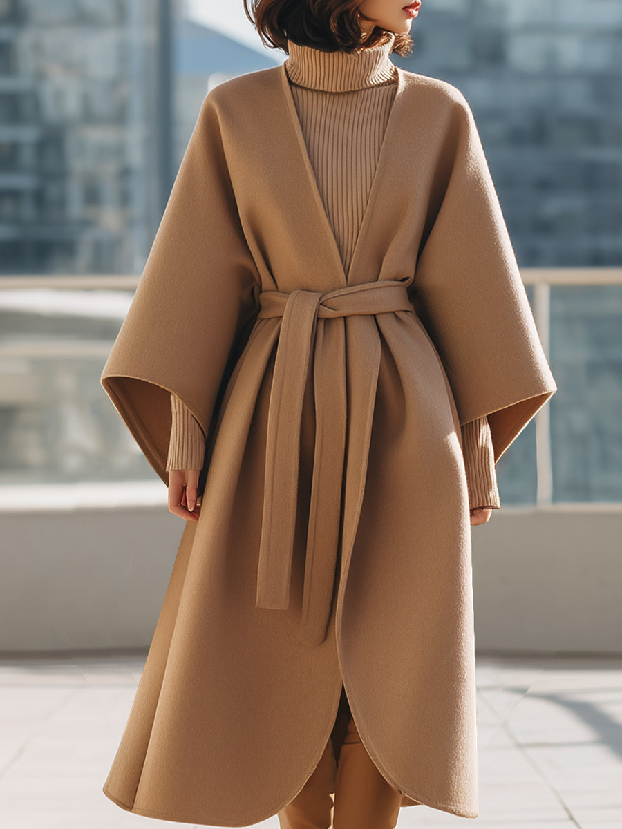Camel Belted Kimono-Style Midi Coat