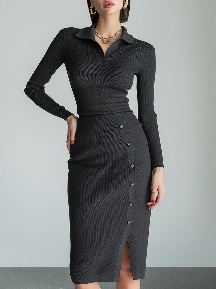 Ribbed Knit Button-Detail Midi Dress