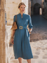 Belted Mandarin-Collar Midi Dress