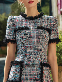 Tweed Fringe-Trim Short Sleeve Mini Dress