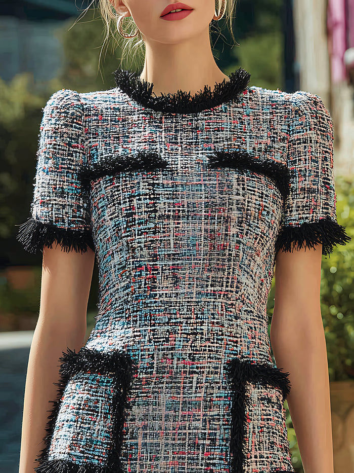 Tweed Fringe-Trim Short Sleeve Mini Dress