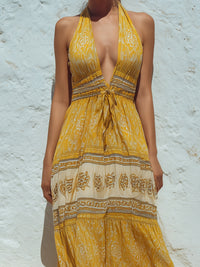 Bohemian Halter Tie-Waist Tiered Maxi Dress