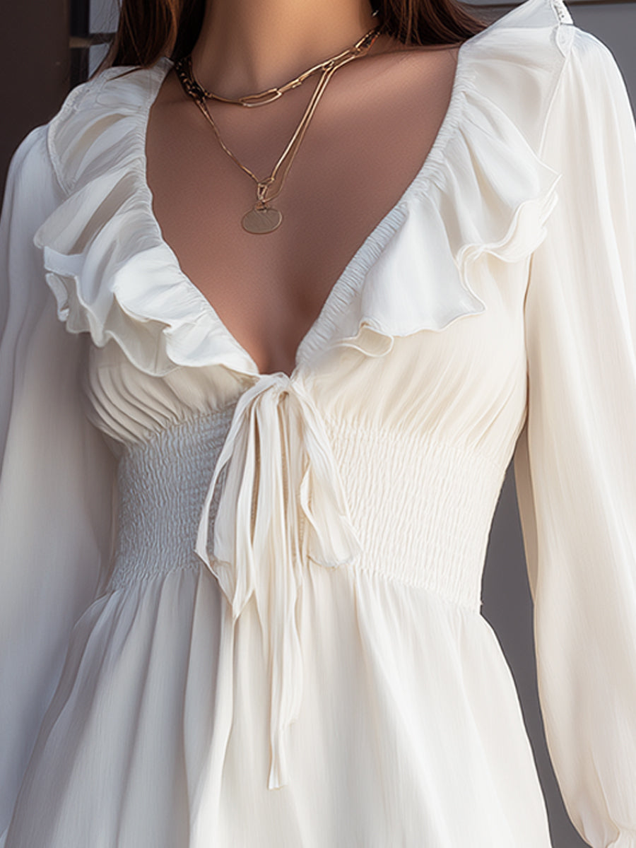 Ruffled V-Neck Mini Dress With Tie Detail