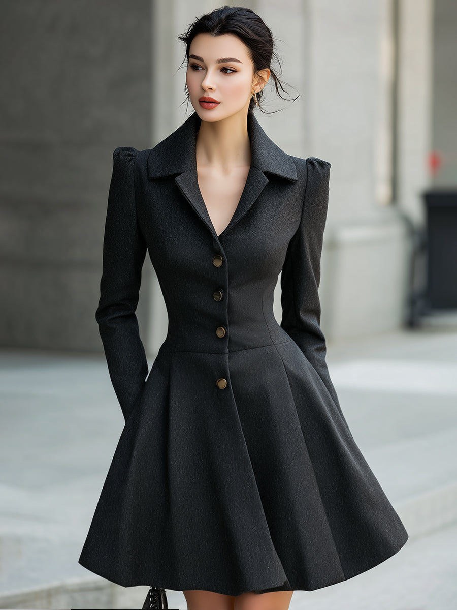 Black Tailored Blazer Dress With Flared Skirt