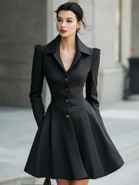 Black Tailored Blazer Dress With Flared Skirt