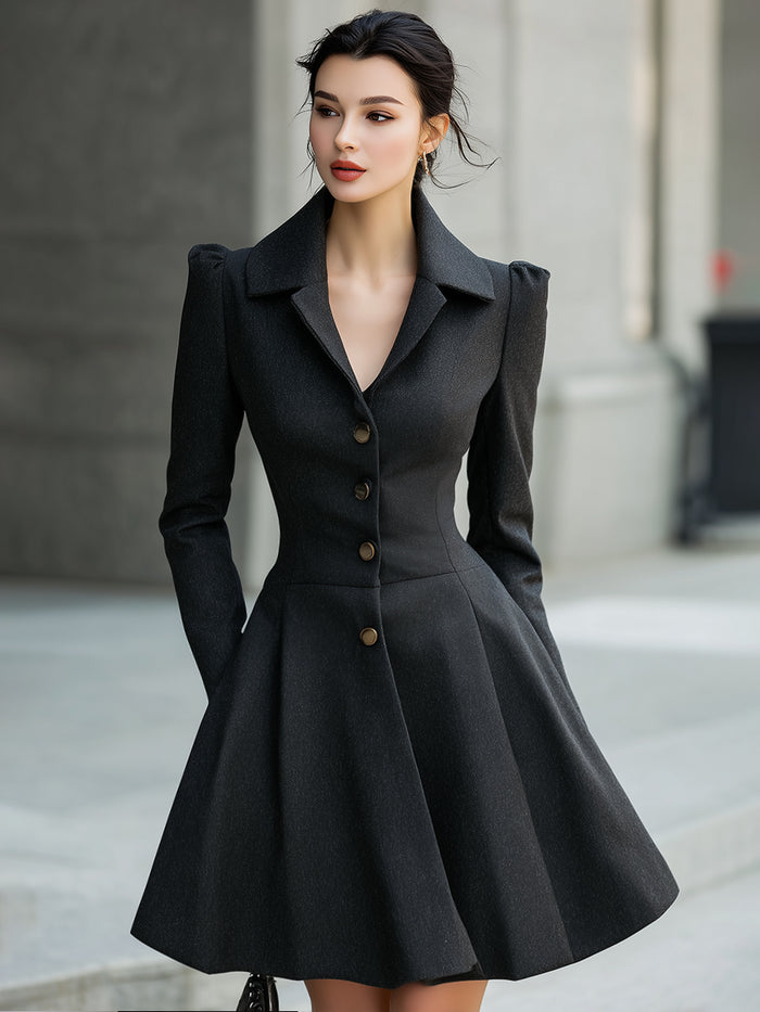 Black Tailored Blazer Dress With Flared Skirt
