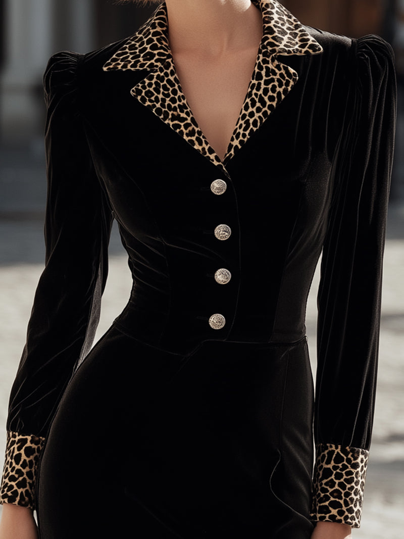 Black Velvet Pencil Dress With Leopard Trim
