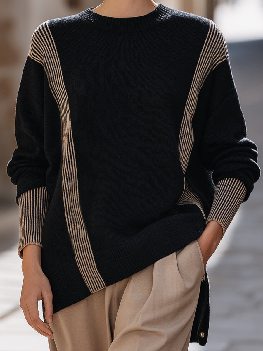 Striped Color-Blocked Ribbed Knit Sweater