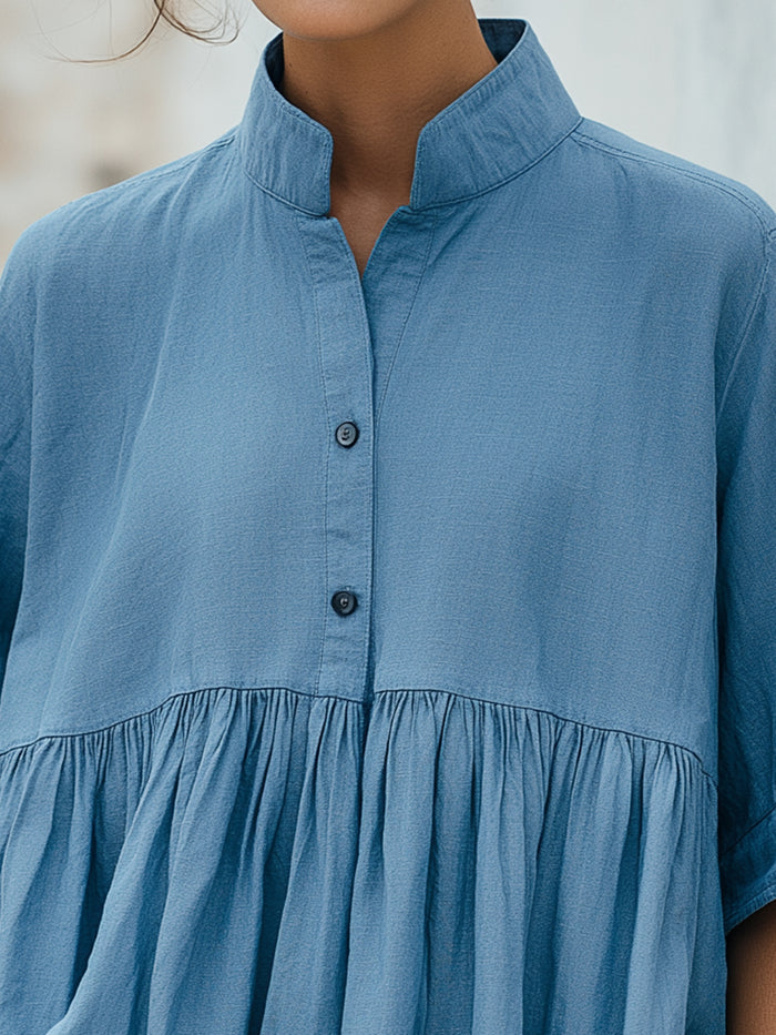 Relaxed Fit Solid Color Mandarin Collar Peplum Blouse