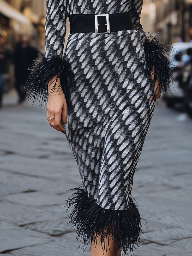 Elegant Feather-Trimmed Knit Midi Dress With Belt