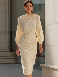 Champagne Draped Satin Midi Dress