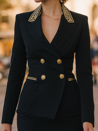 Black Double-Breasted Skirt Suit with Embroidered Lapel Detail