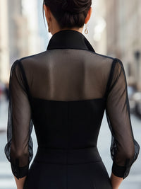 Sheer Mesh Panel Collared Evening Blouse