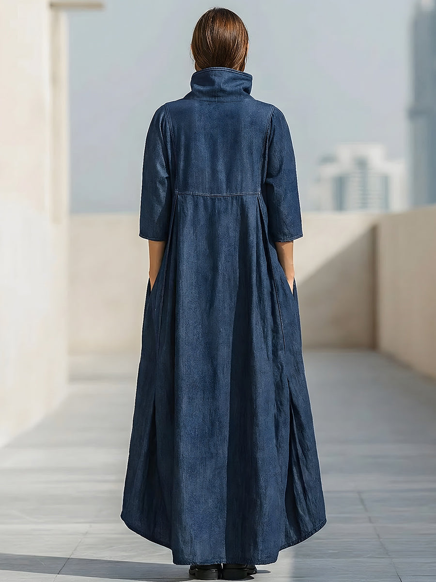 High-Neck Denim Maxi Dress With Sculpted Volume