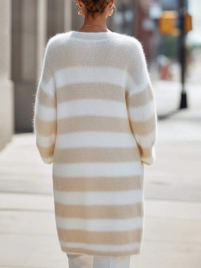 Cream Striped Knitted Cardigan