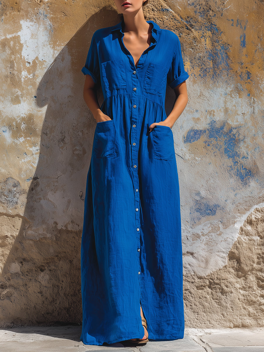 Relaxed Button-Front Short Sleeve Maxi Shirt Dress