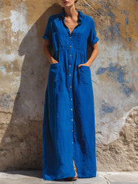 Relaxed Button-Front Short Sleeve Maxi Shirt Dress